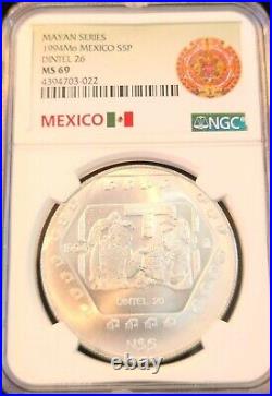 1994 Mexico Silver 5 Pesos S5p Mayan Series Dintel 26 Ngc Ms 69 Beautiful Coin