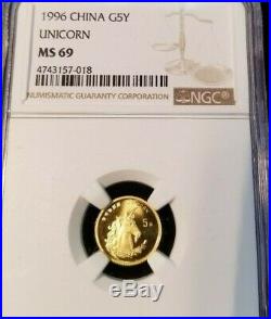 1996 China Gold 5 Yuan G5y Unicorn Ngc Ms 69 Beautiful Gem Bu Bright Luster