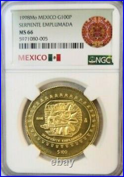 1998 Mexico Gold 100 Pesos G100p Serpiente Emplumada Ngc Ms 66 Rare Gem Beauty
