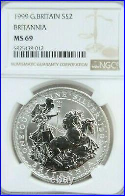1999 Great Britain Silver 2 Pounds Britannia Ngc Ms 69 Scarce High Grade Beauty