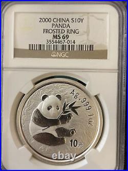 2000 FROSTED RING! Panda Silver Coin 1oz 10 Yuan Ngc 69 Beautiful Coin