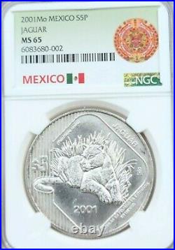 2001 Mexico Silver 5 Pesos S5p Jaguar Ngc Ms 65 Very Scarce Beautiful Coin