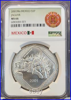 2001 Mexico Silver 5 Pesos S5p Jaguar Ngc Ms 66 Very Scarce Beautiful Gem Coin