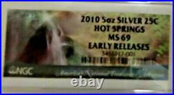 2010 HOT SPRINGS 5 OZ Silver AMERICA THE BEAUTIFUL 25C NGC MS69 EARLY RELEASES