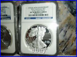 2011 3 Coin Set MS 70 NGC American Silver Eagle Early Releases 25 Anniversary