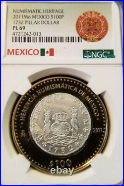 2011 Mexico S100p 1732 Pillar Dollar Ngc Pl 69 Beautiful Silver Bi Metal Coin