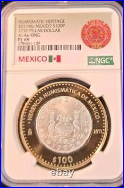 2011 Mexico Silver 100 Pesos 1732 Pillar Dollar Ngc Pl 69 Beautiful Scarce Coin