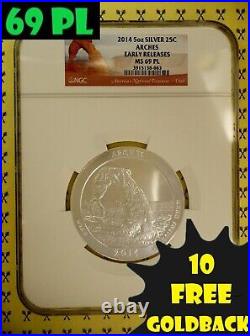 2014 Arches 5 Oz Silver Quarter NGC MS 69 PL Early Releases with10 FREE GOLDBACKS