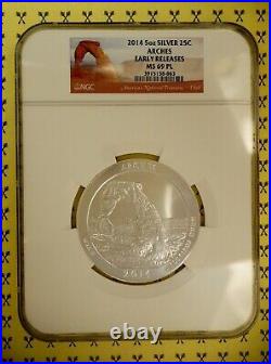 2014 Arches 5 Oz Silver Quarter NGC MS 69 PL Early Releases with10 FREE GOLDBACKS