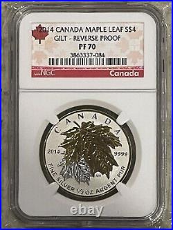 2014 Canada Maple Leaf $4 Reverse Proof 1/2 Oz. Gold Gilt-beautiful Coin Pf70