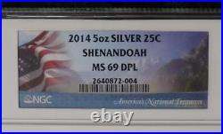 2014 NGC MS69 DPL Shenandoah 5oz. 999 Fine Silver ATB Quarter, Deep Proof Like