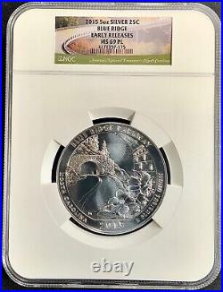 2015 ATB Blue Ridge Parkway NC 5oz Silver 25C Coin NGC MS69 PL Early Releases