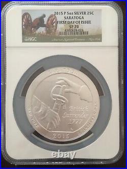 2015 P 5 OZ SILVER ATB Coin 25C SARATOGA SP70 FIRST DAY OF ISSUE NGC SP 70