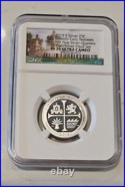 2019 S PF 69 FIRST 99.9% SILVER QUARTERS 5 Coin NGC ULTRA CAMEO SET & COA