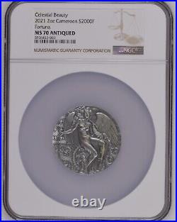 2021 Lady Fortuna Celestial Beauty 2oz NGC MS70 Antiqued Cameroon Silver Coin