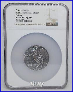 2021 Lady Fortuna Celestial Beauty 2oz NGC MS70 Antiqued Cameroon Silver Coin