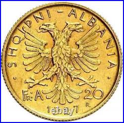 Albania 20 Franga Ari 1927 Gold Coin, AU 58 NGC