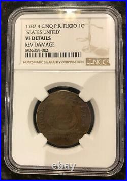 BEAUTIFUL EXAMPLE! 1787 Fugio Cent 1C Colonial Coin Certified NGC VF DETAILS