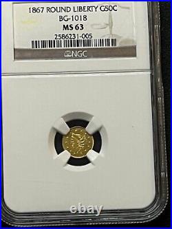 BG-1018 Round Liberty 1867 50C California Fractional Gold Coin MS63