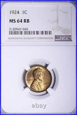BU 1924 Lincoln Wheat Cent Penny NGC MS64 RB Beautiful Coin! FREE SHIPPING KCCM