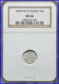 Beautiful 1889 Silver Russia Coin 5 Kopeks Alexander III Emperor NGC Graded MS66