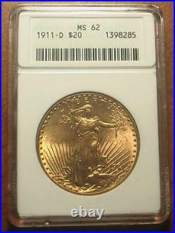 Beautiful 1911-D Gold $20 Saint Gaudens Double Eagle Coin ANACS MS62