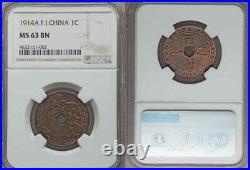 Beautiful 1914 Cent Bronze UNC Coin French Indo-China Central Hole NGC MS 63 BN