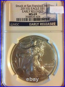 Beautiful 2011-s Silver Eagle NGC MS69 Early Release. 999 Silver 1Dollar