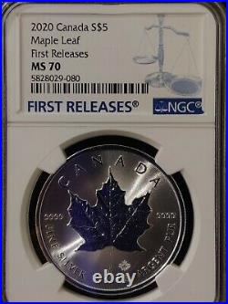 Beautiful 2020 $5 Canada 1 Oz Silver Maple Leaf Ngc Ms70 Rare Blue Label