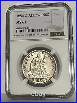 Beautiful Ngc Ms 61 1854-o Arrows Seated Half! A Very Scarce Coin In Mint State