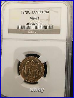 France 1878a Gold 20f Constition Coin Ngc Ms61 Beautiful Coin