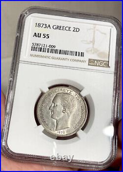 GREECE- 2 drachmas 1873 AU55 Ngc Lustrous! Really beautiful coin