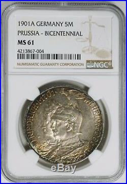 Germany Prussia 1901-A Bicentennial 5 Mark Silver Coin NGC MS61 BEAUTIFUL TONING