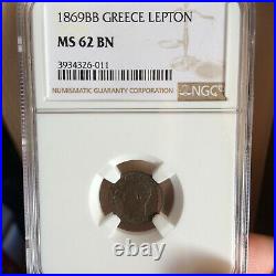 Greece 1 Lepton 1869 // NGC MS62 // Beautiful & Rare Greek coin