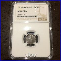 Greece 1 Lepton 1869 // NGC MS62 // Beautiful & Rare copper Greek coin