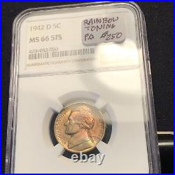 MS66 5FS 1942-D Jefferson Nickel NGC beautiful rainbow toning very pretty coin