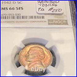 MS66 5FS 1942-D Jefferson Nickel NGC beautiful rainbow toning very pretty coin