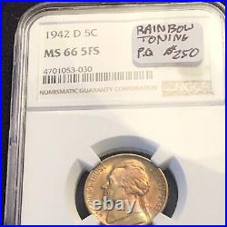 MS66 5FS 1942-D Jefferson Nickel NGC beautiful rainbow toning very pretty coin