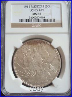 Mexico RARE 1911 $1 peso Long Ray silver horse beautiful coin NGC MS65