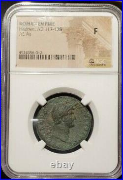 NGC AUTHENTICATED F Hadrian (117-138 AD) AE As NICE COIN & beautiful patina
