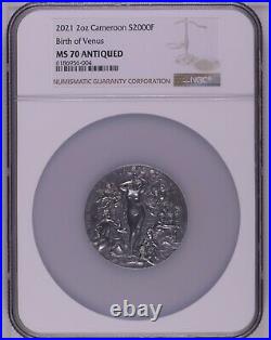 NGC MS70 BIRTH OF VENUS Celestial Beauty 2Oz Silver Coin Cameroon 2021