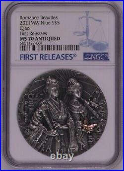 NGC MS70 Niue 2021 Ancient Chinese Warrior Beauties Qiao Sisters 2oz Silver Coin