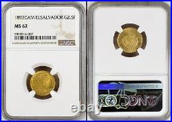 Ngc Ms62 El Salvador 1892 2.5 Pesos Gold Coin-a Rare Beauty-pop 2/0-none Finer