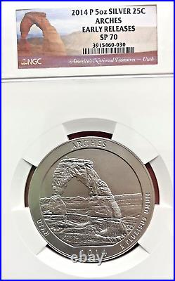 Ngc Sp-70 Early Release! 2014 P 5 Oz Silver 25c Arches Atb