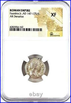 Roman Faustina JR Silver Denarius Coin NGC Certified XF & Beautiful Wood Box