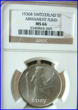SILVER 1936B Switzerland 5 Franc NGC MS66 Armament Fund Beautiful Coin